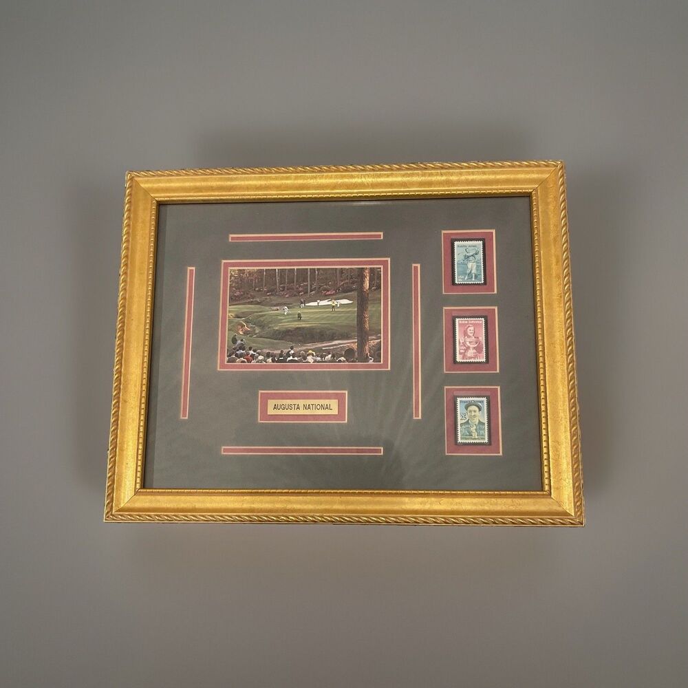 Vintage Augusta National Masters Framed Print w/ Bobby Jones Golf Stamps 11x14
